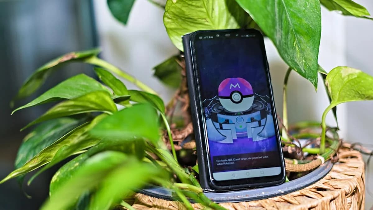 Smartphone displaying pokémon game screen amidst green leaves.