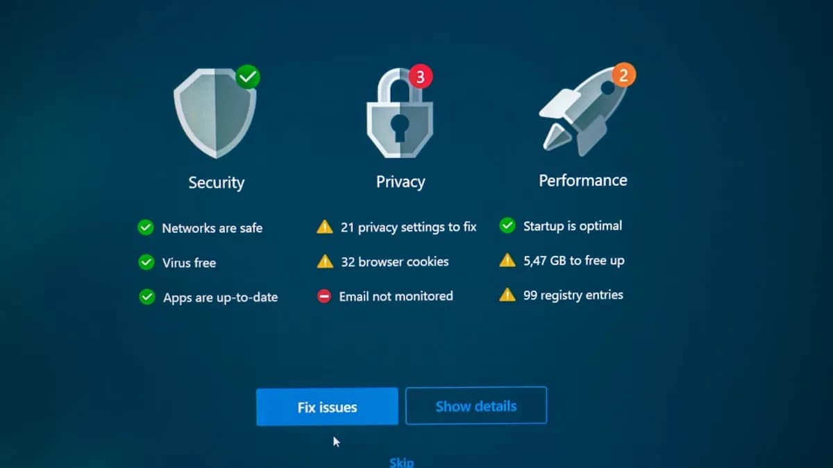 Security, privacy, and performance status with fix options.