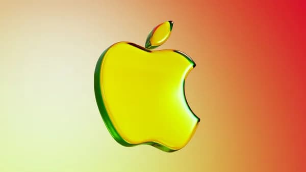 A yellow apple logo on a red and yellow background