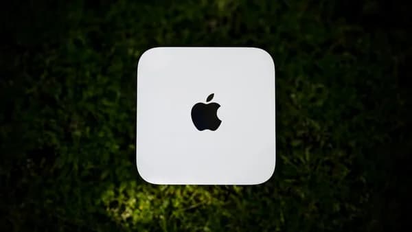 White apple computer on green grass