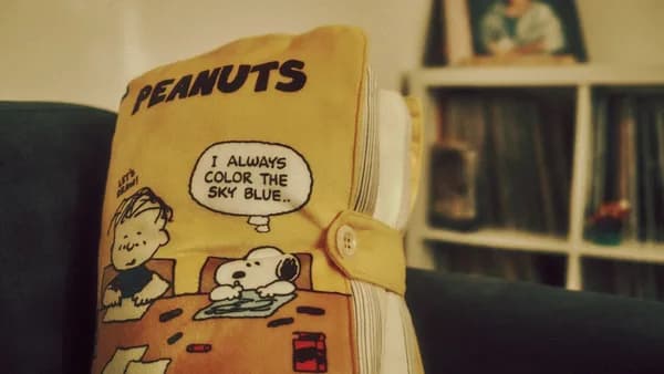 a pillow with a cartoon on it sitting on a couch