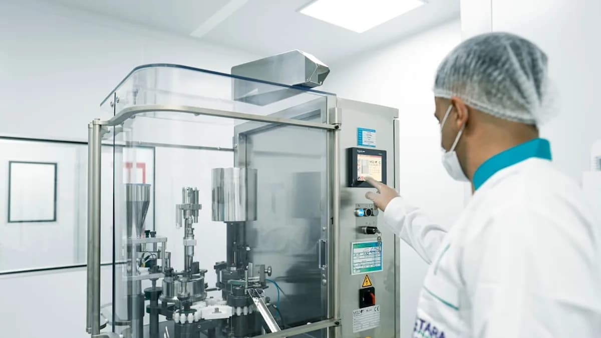 A worker operates machinery in a cleanroom.
