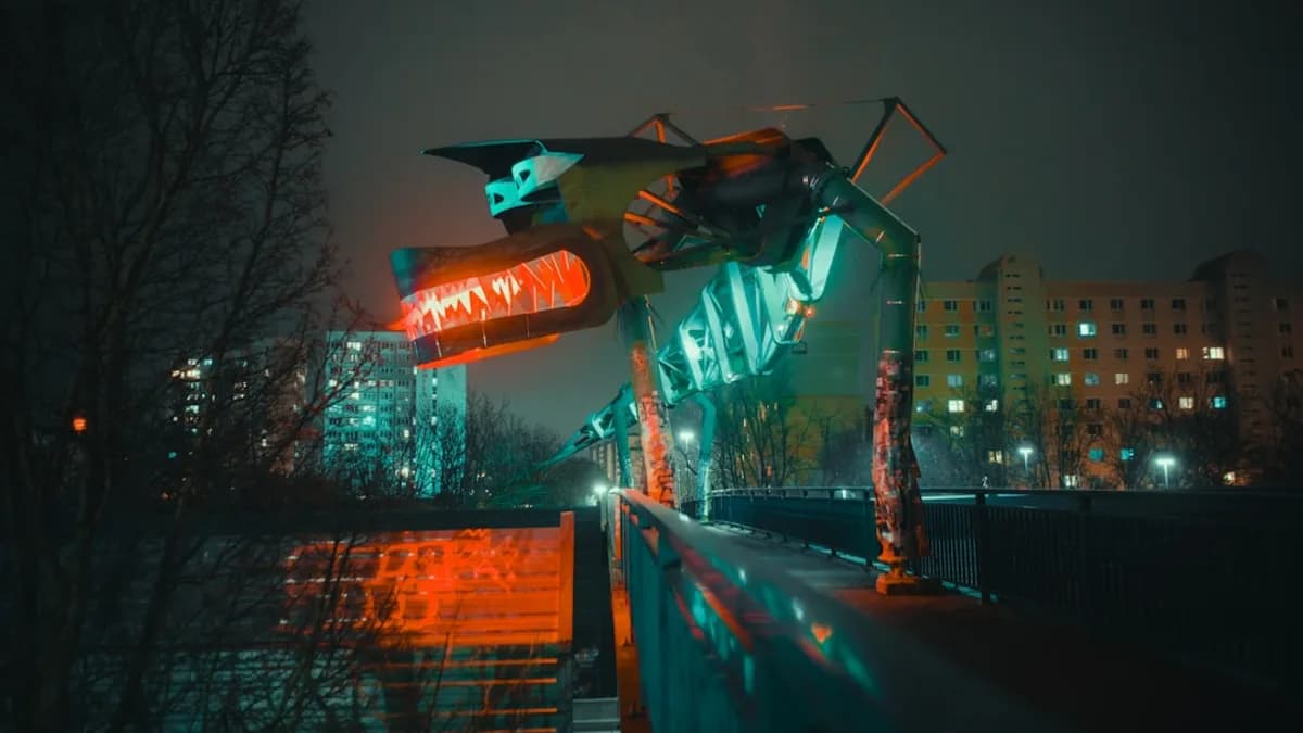 A futuristic structure glows over a city bridge.
