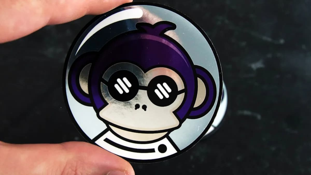 a hand holding a black and purple object with a cartoon face