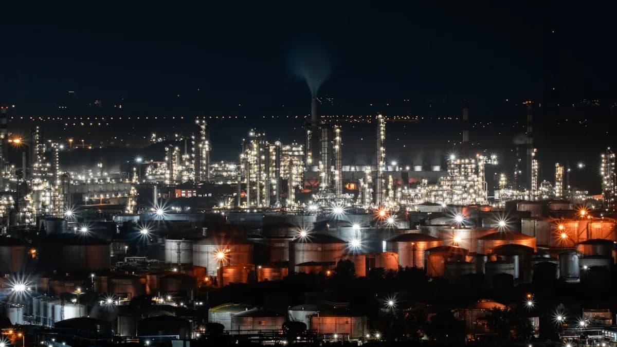 Nighttime view of an industrial complex.