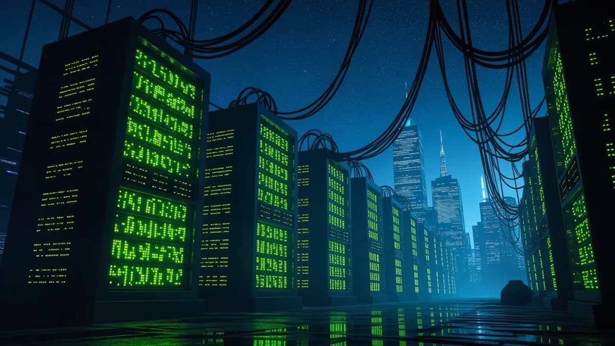 Servers illuminate a futuristic cityscape with a data center.
