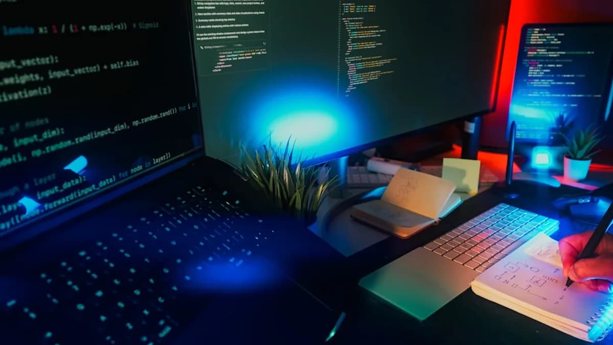 Computer screens displaying code with neon lighting.