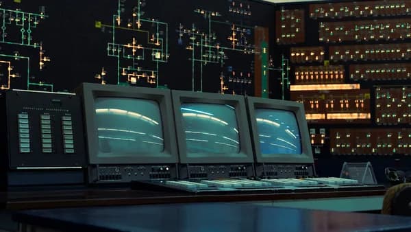 Inside an old-fashioned control room.