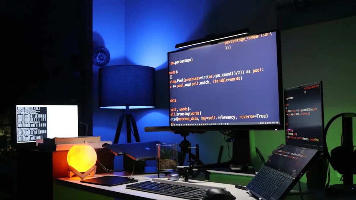 black flat screen computer monitor on green desk