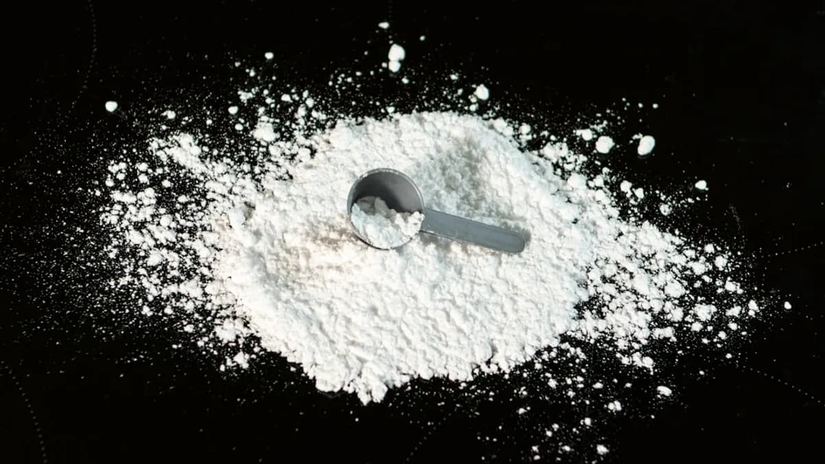 a scoop of powder next to a scoop of sugar