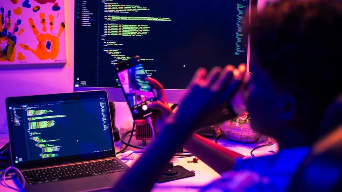 Person coding on multiple screens at night.