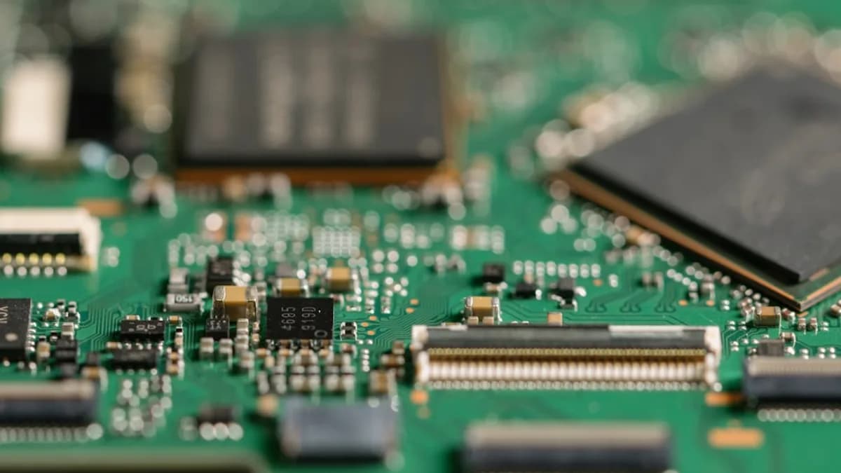 Close-up of a green circuit board with microchips.