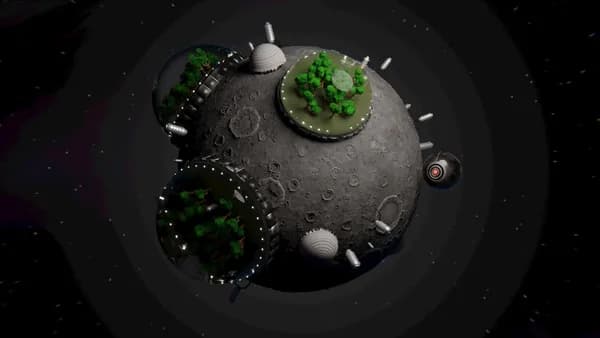 A stylized moon with green domes and structures in space.