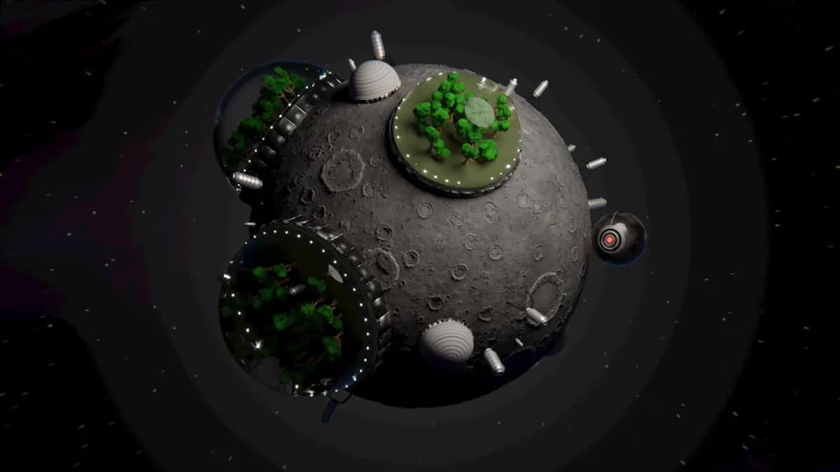 A stylized moon with green domes and structures in space.