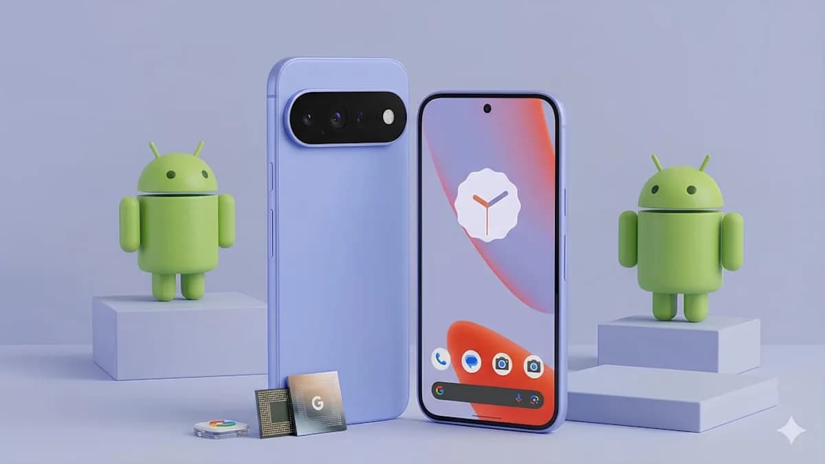 Two android robots flank a modern smartphone.