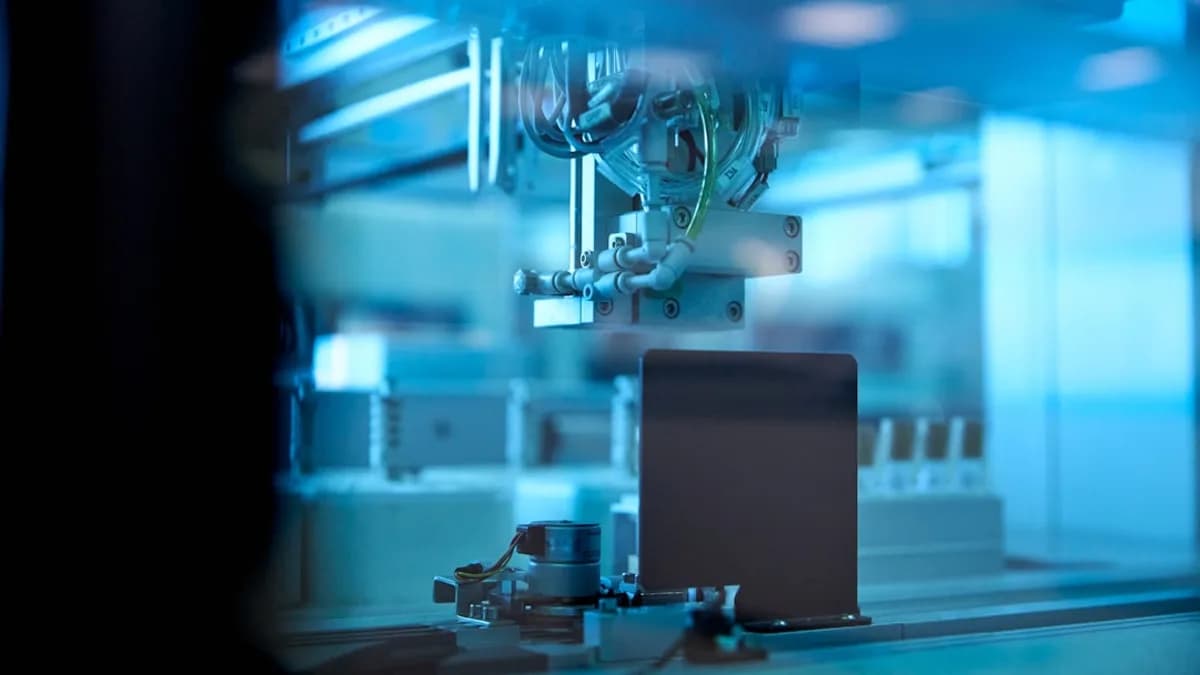 industrial robotic arm in blue lit factory