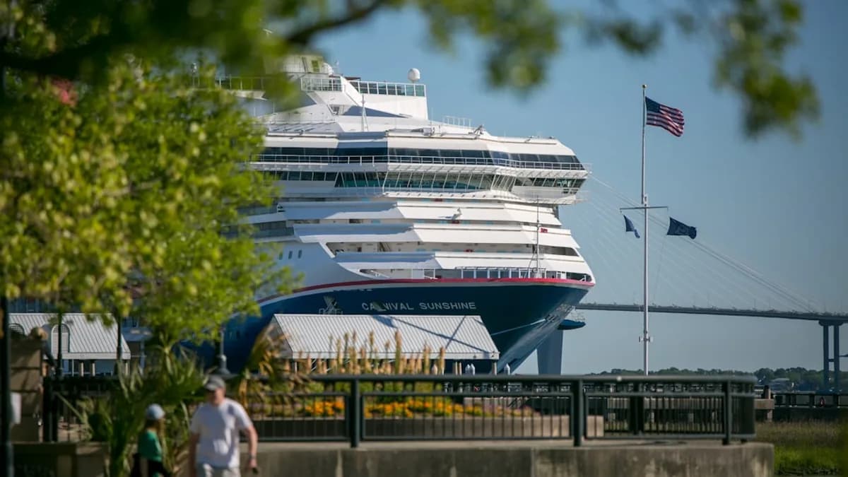 A large cruise ship docked in a harbor