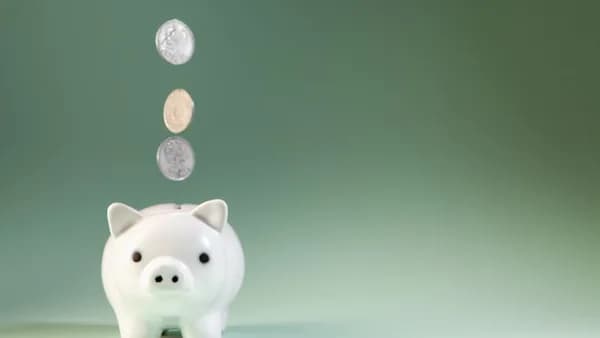 Coins falling into a white piggy bank.