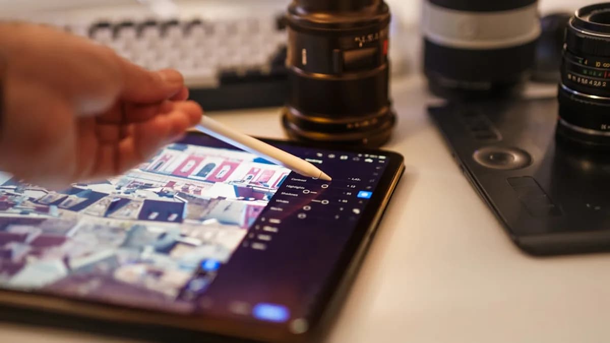 Editing photos on a tablet with a stylus.