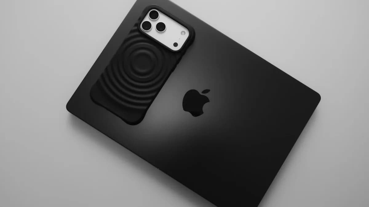 Black smartphone placed on a black laptop.
