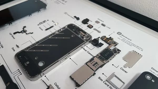 Disassembled smartphone components arranged on a diagram.
