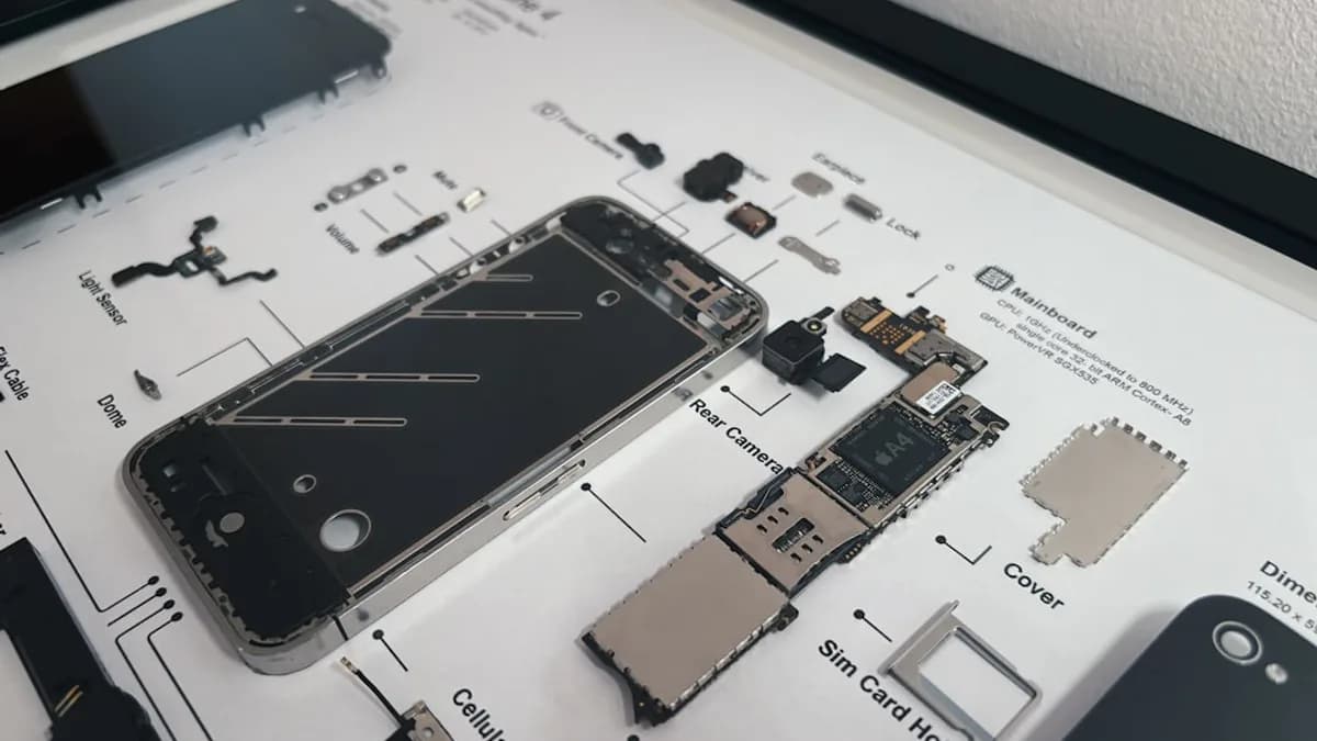 Disassembled smartphone components arranged on a diagram.