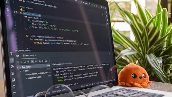 Laptop screen displaying code with a small octopus toy.