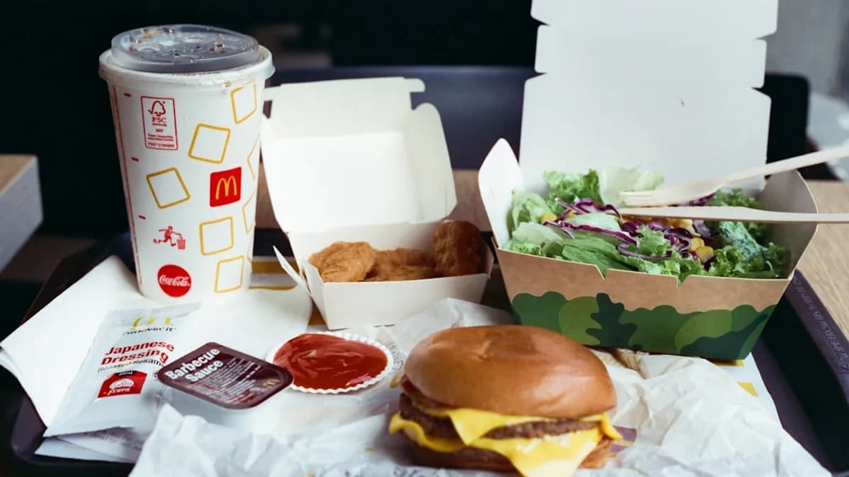 A mcdonald's meal with various food items.
