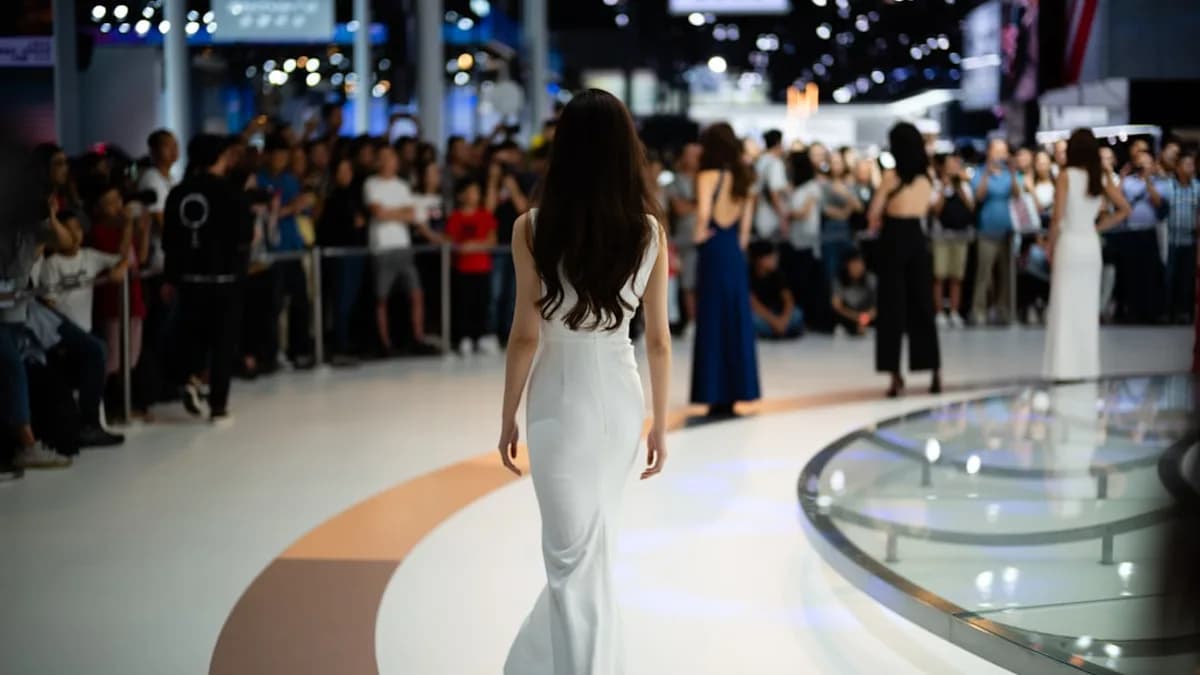 Woman in white dress walks on stage