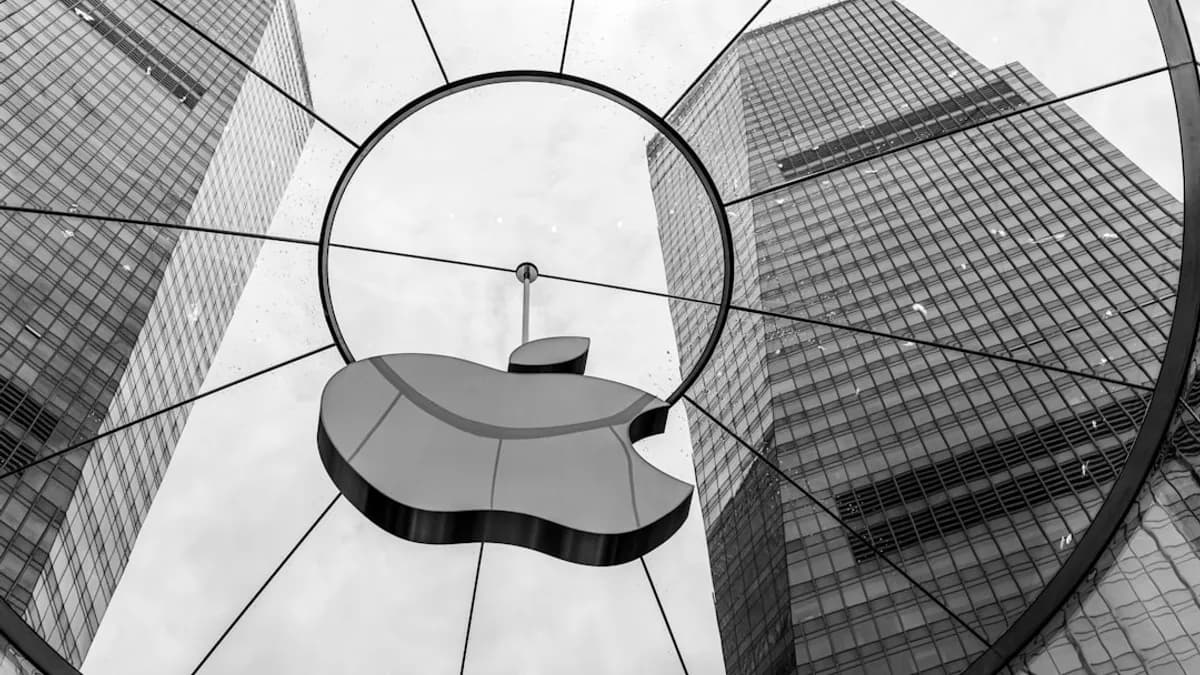 A black and white photo of the apple logo