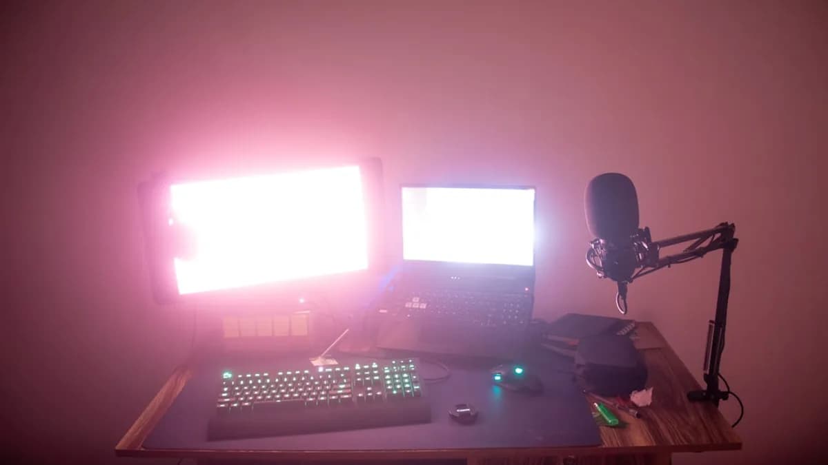 a desk with a computer and a microphone on it