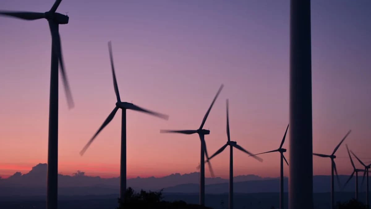 silhouette of wind turbines during sunset