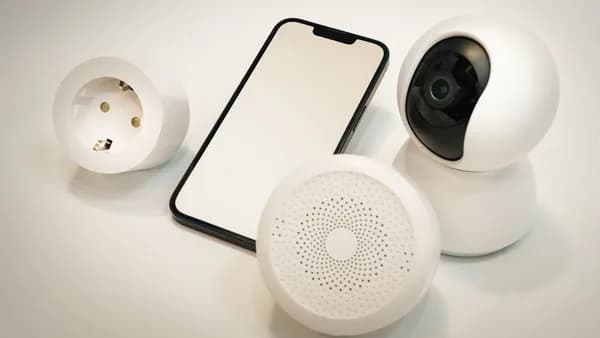 A cell phone and a camera sitting on a table