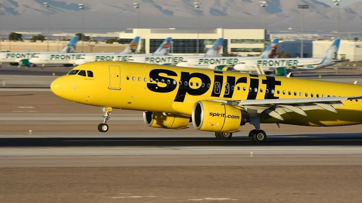 A yellow spirit airplane on the runway of an airport