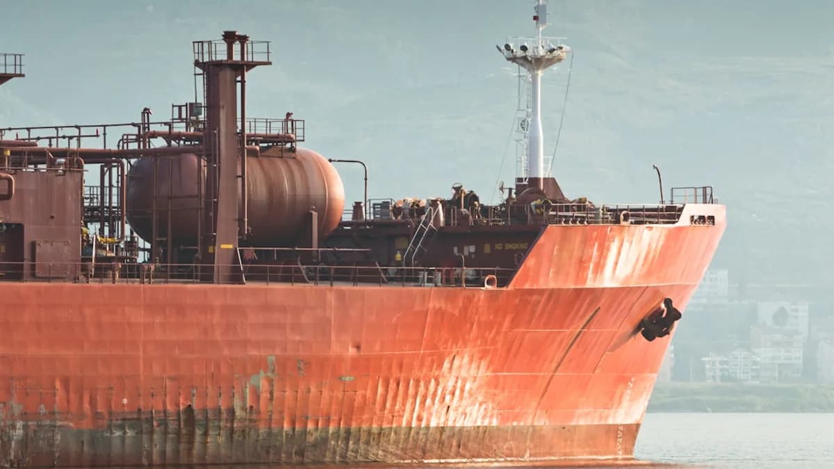 Large red cargo ship sails on the water