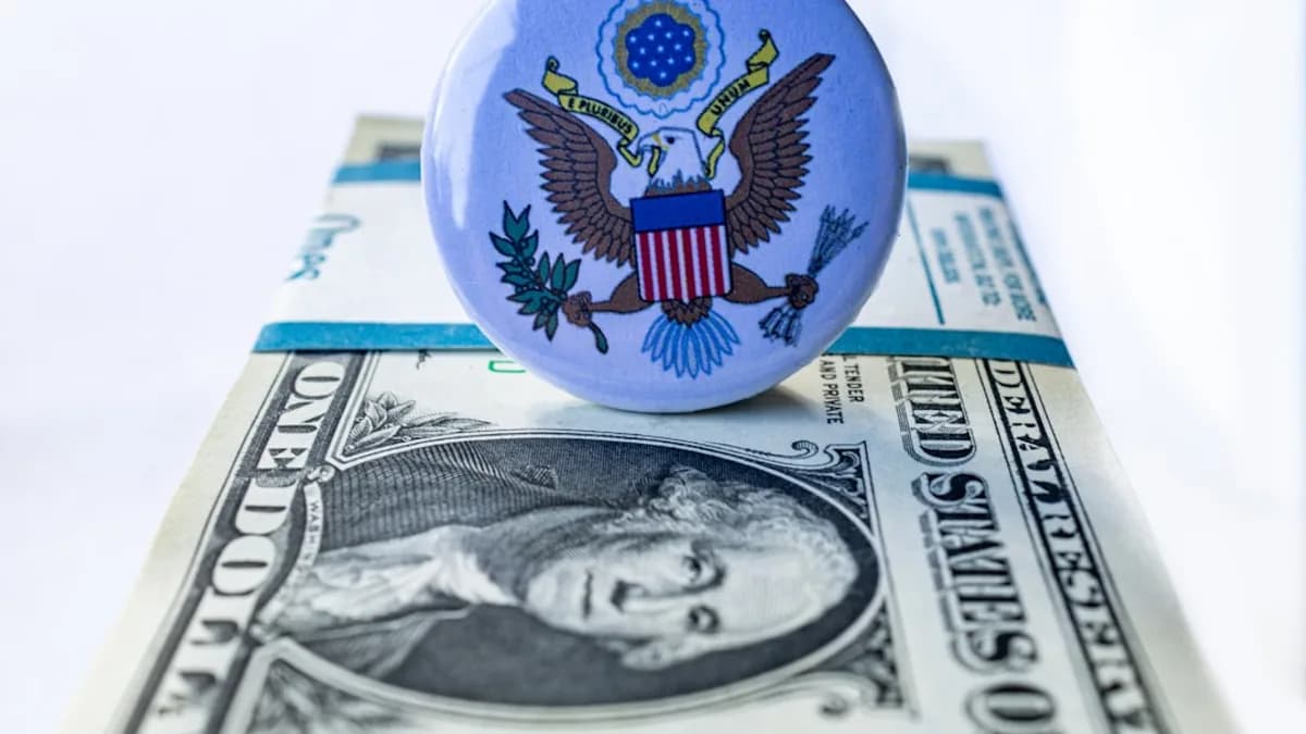A blue button sitting on top of a one dollar bill