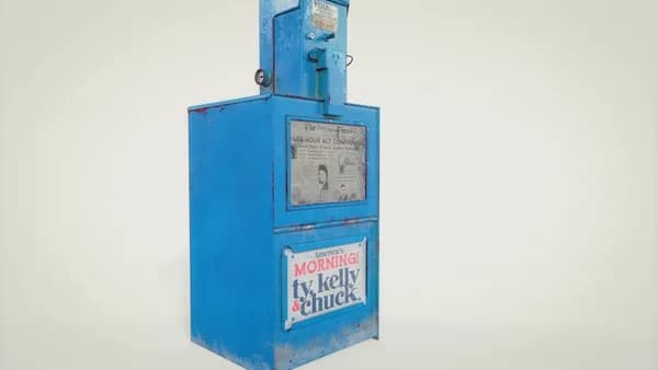 A blue machine that has a sign on it