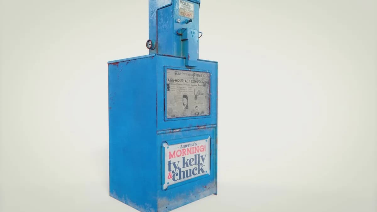 A blue machine that has a sign on it