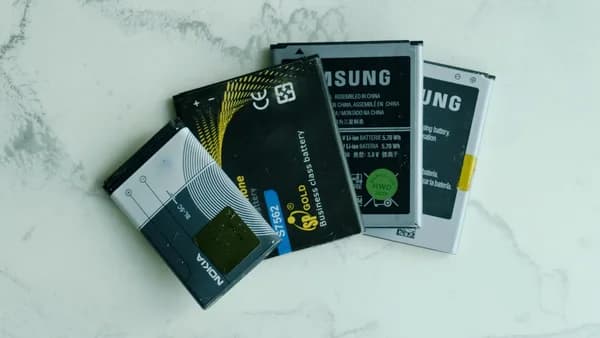 Several old mobile phone batteries on a white surface