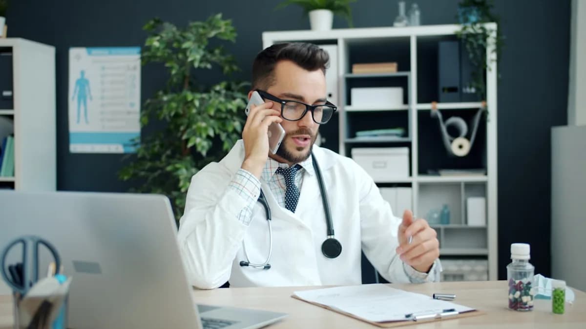 Doctor talking on the phone in his office.
