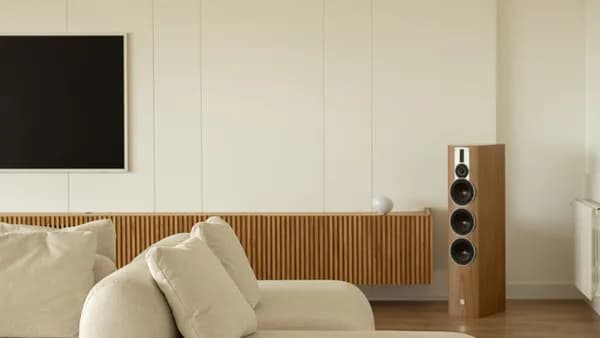 Modern living room with sectional sofa and speaker