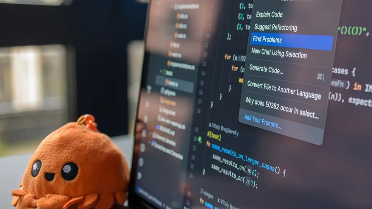 A cute octopus toy sits beside a laptop displaying code.