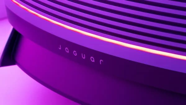 A jaguar vehicle's illuminated, angled design.