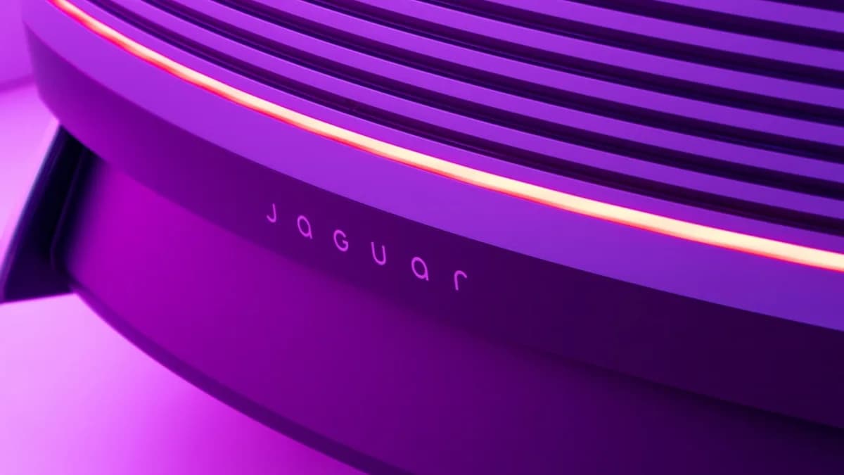 A jaguar vehicle's illuminated, angled design.
