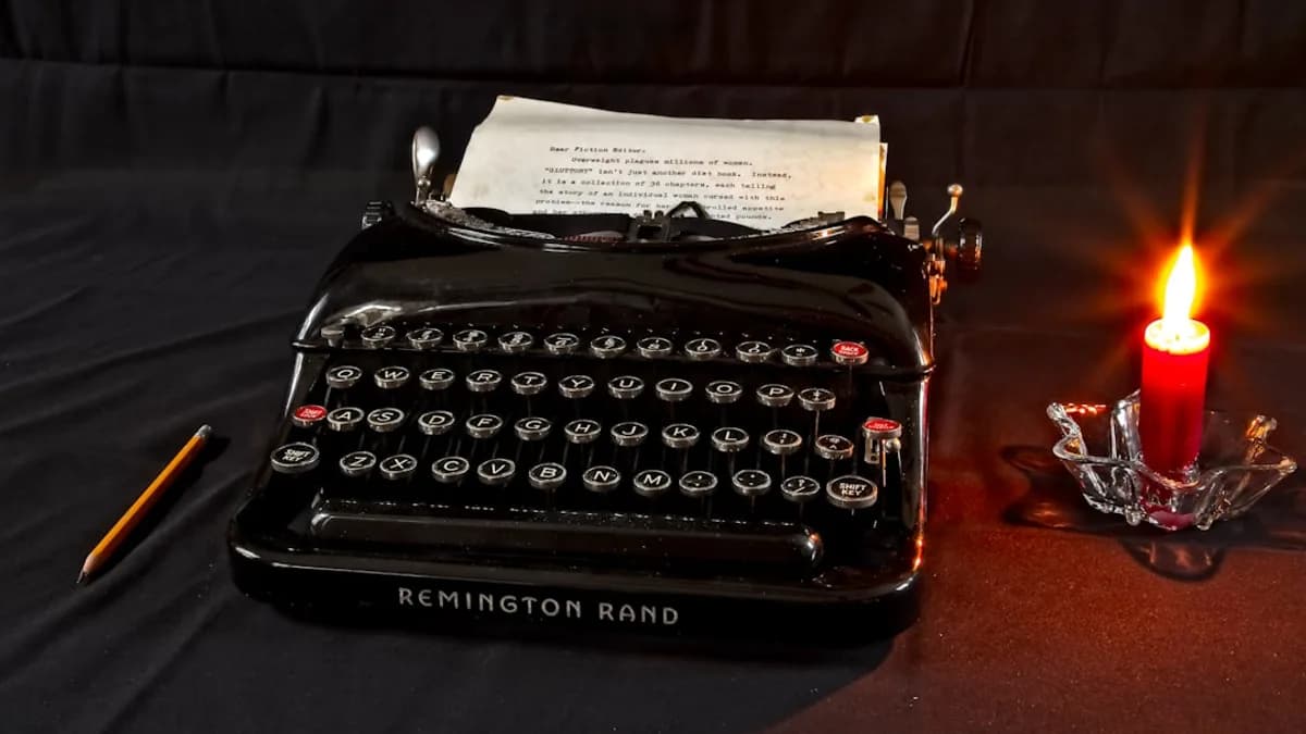 black and white typewriter on brown wooden table