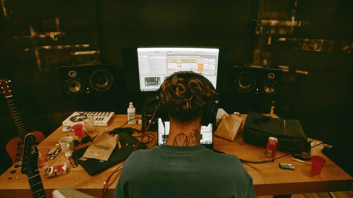 a man sitting at a desk with a guitar in front of him