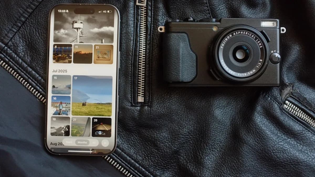 Smartphone and camera on black leather