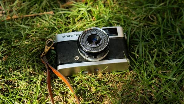 Vintage camera resting on green grass