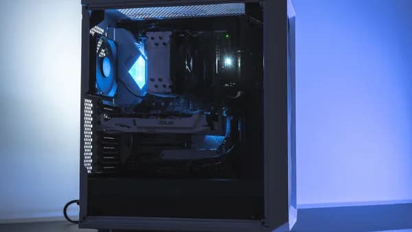 a computer with a blue light