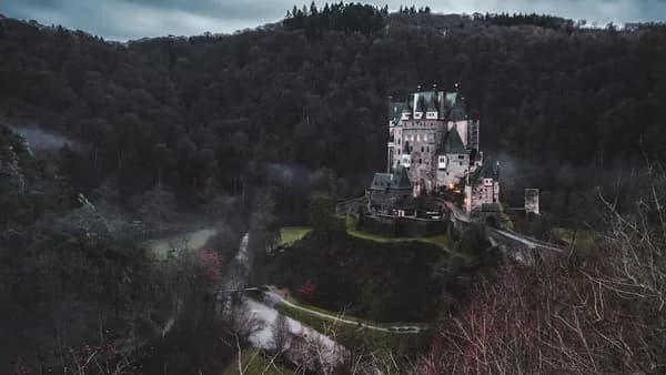 gray concrete castle surrounded by trees under gray skies